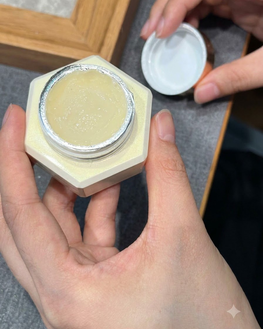 A dotting tool picking up a small clear rhinestone from a jar of nail art embellishments.