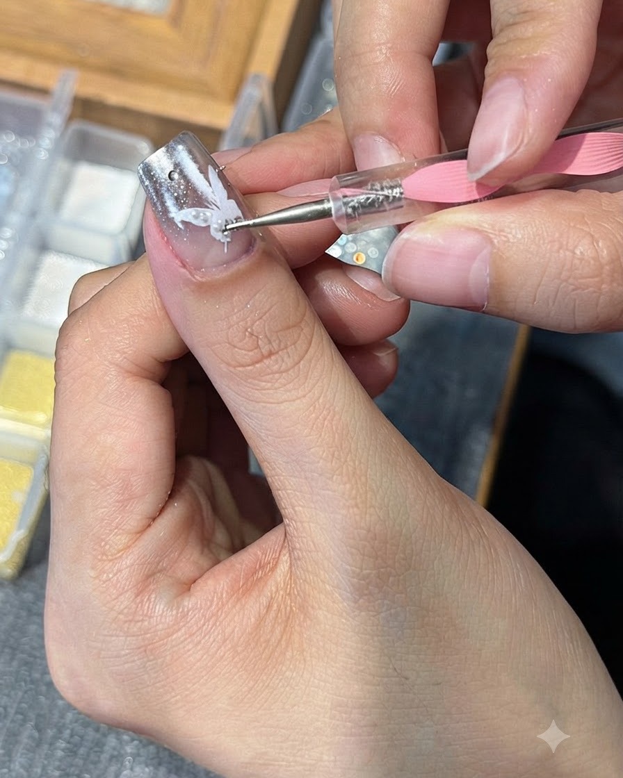 A tool placing tiny silver steel beads and small pearls onto the white butterfly wing design on a manicured nail.