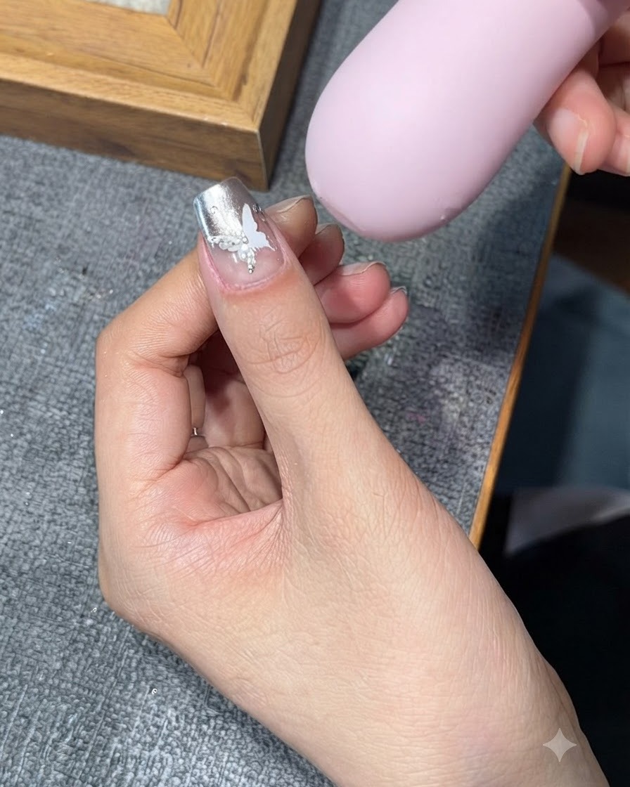 A manicured hand holding a nail under a pink UV/LED curing lamp.