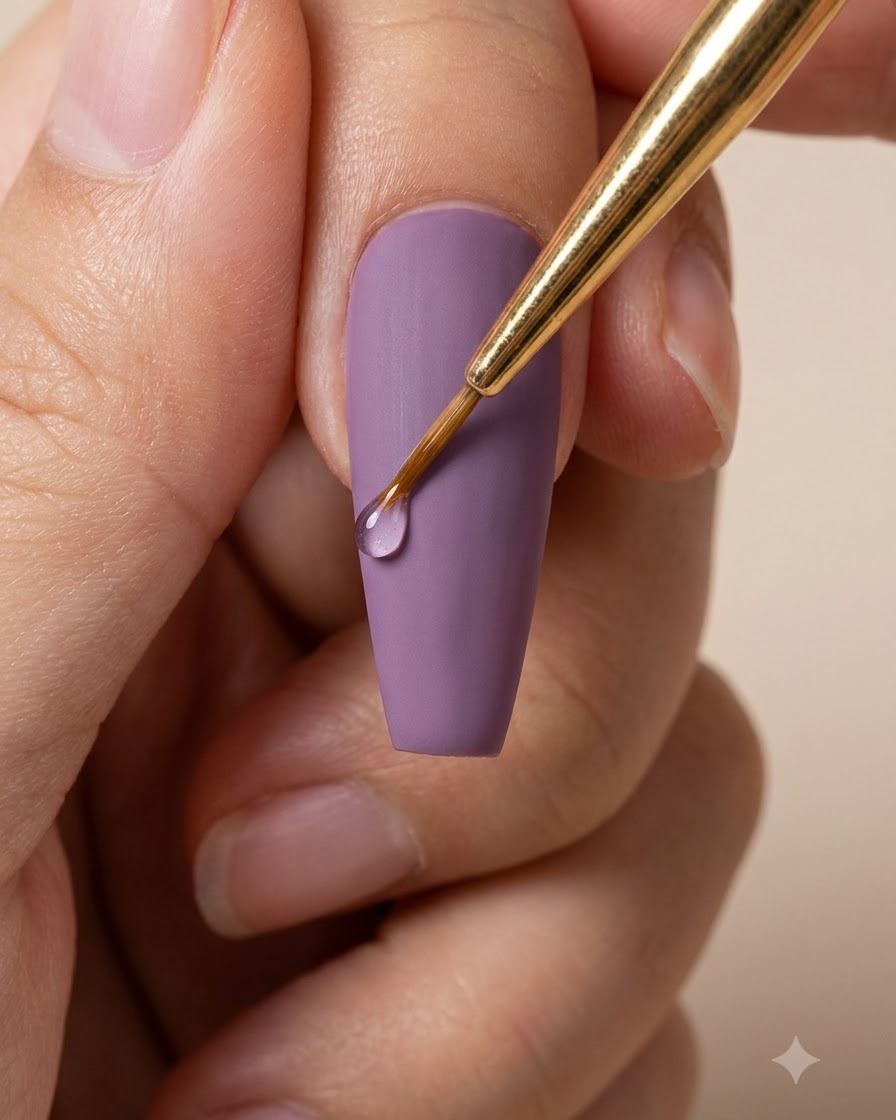 A fine liner brush holding a drop of rhinestone glue above a matte purple nail.