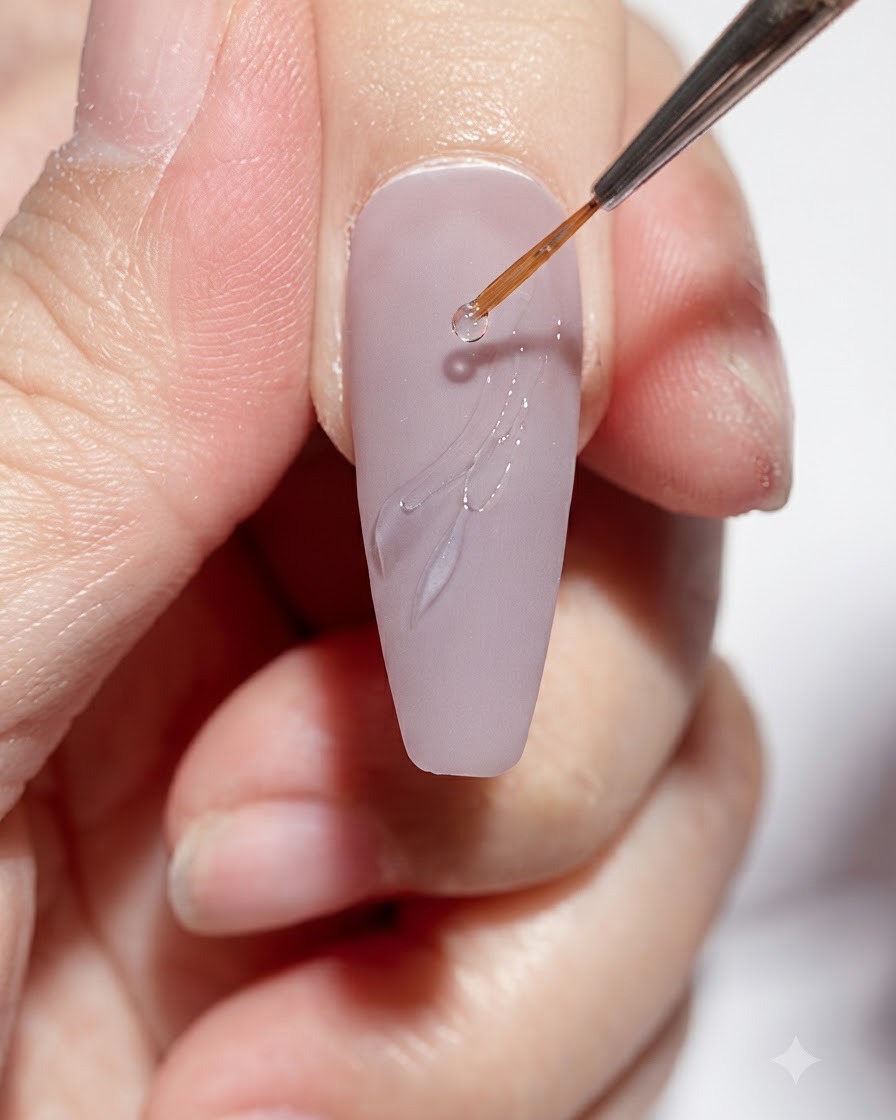 A liner brush hovering over a nail with cured dimensional line art under lighting.