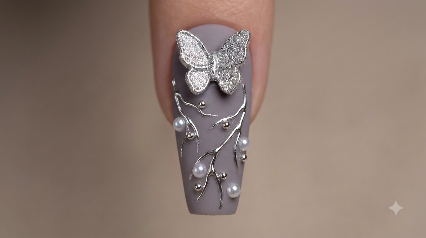 Silver Starry River Butterfly Nail Art — Elegant 3D Rhinestone Tutorial