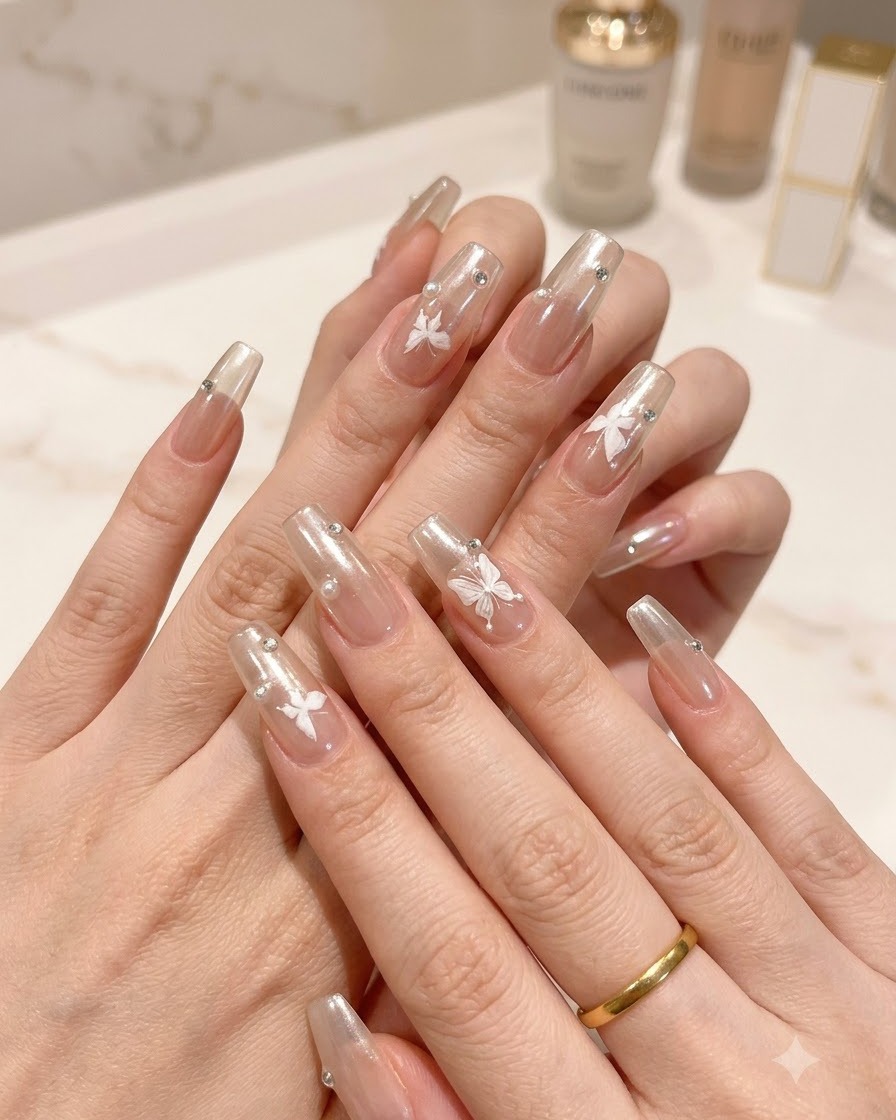 Macro photograph of manicured hands highlighting intricate crystal charms and butterfly nail art.