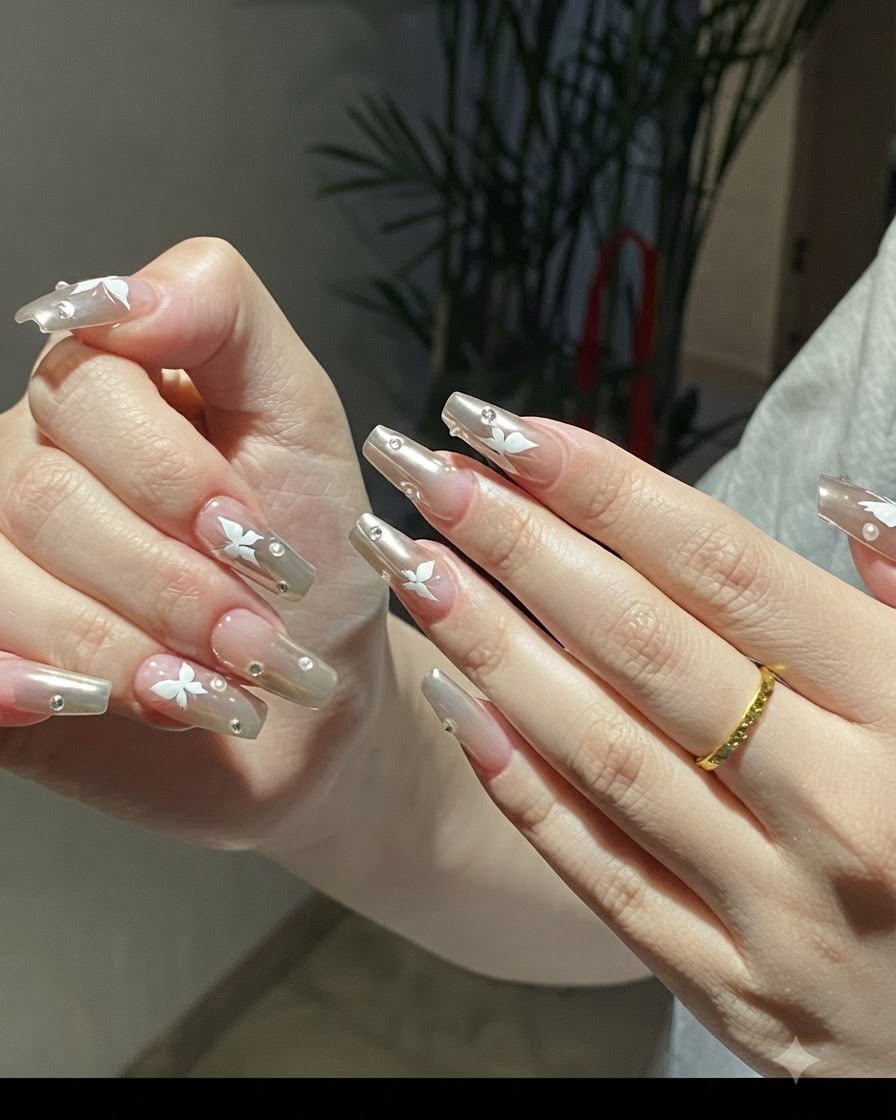 A close-up view of hands gently rotating to reveal the reflective depth of silver chrome nails adorned with white butterflies.