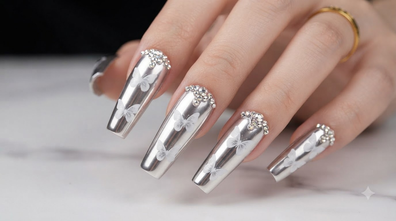 Silver Mirror Powder Butterfly Nails — Step-by-Step Tutorial