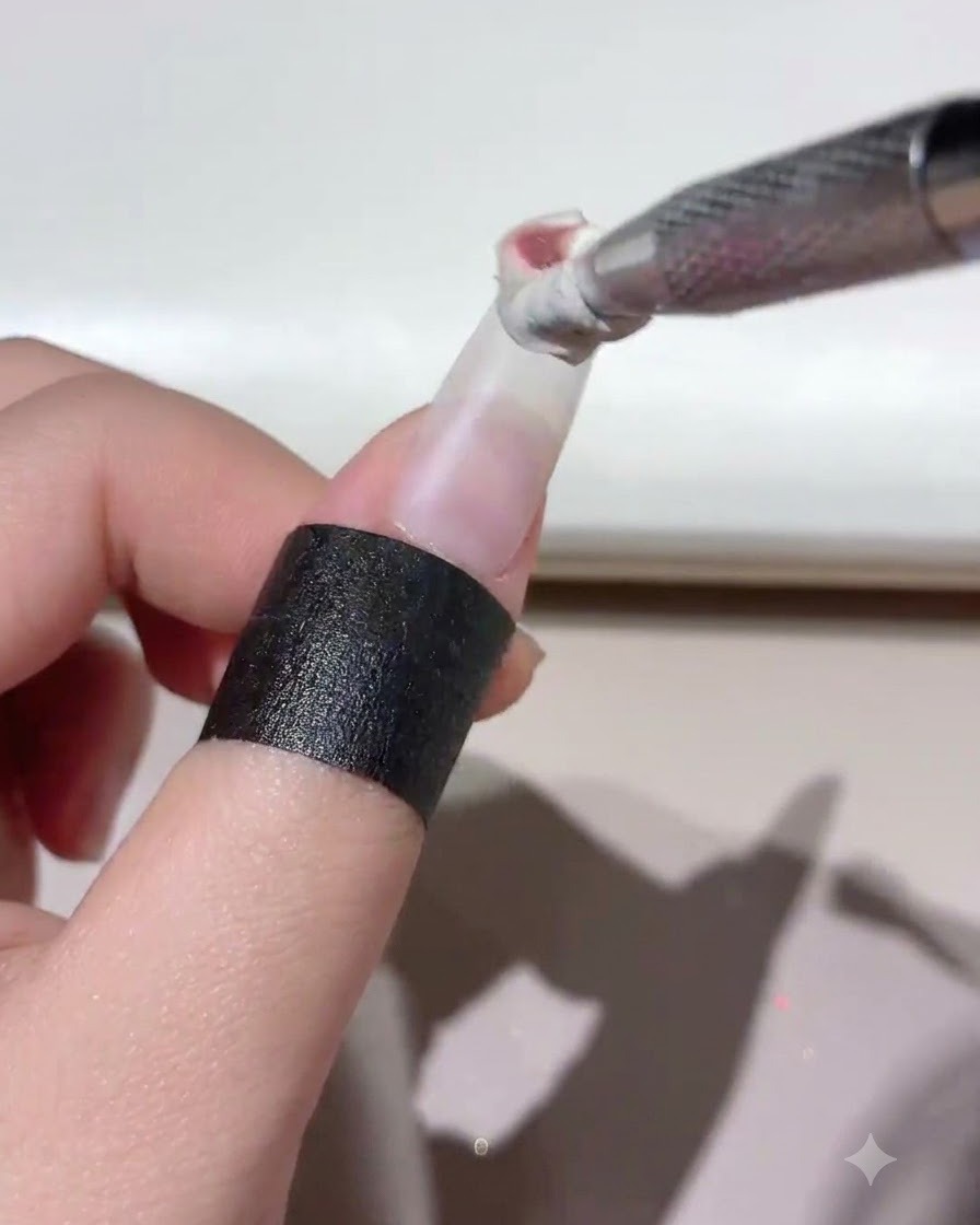A nail tool applying white gel product along the lower cuticle line of a clear nail extension.