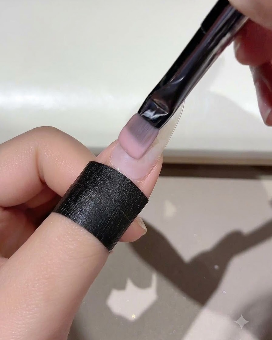 A brush evenly applying Jade D05 pinkish gel over the entire surface of the nail.