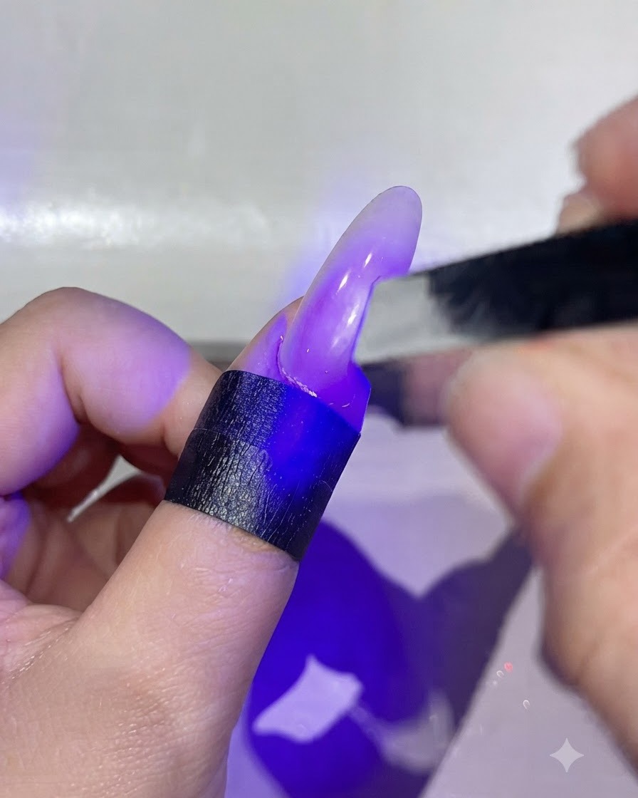 A brush applying a vibrant pink dot of Gentle No. 7 product in the center of the nail.