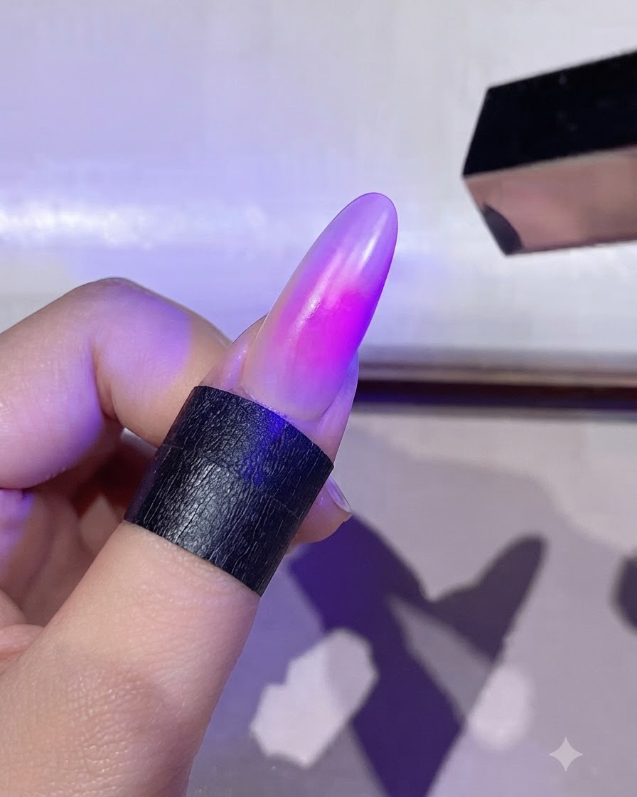 A nail featuring a cured pink blush center under lamp light.