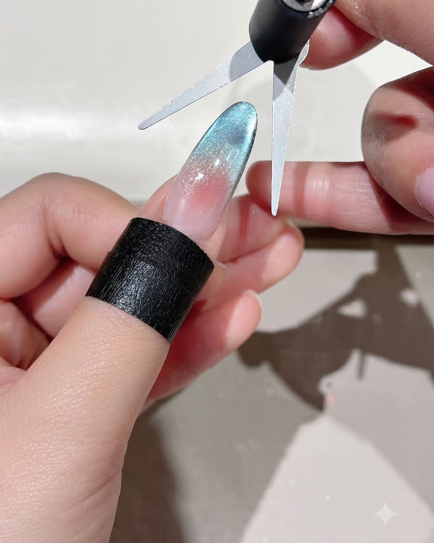 A specialized French cat eye shaping tool pressed against the tip of a nail.