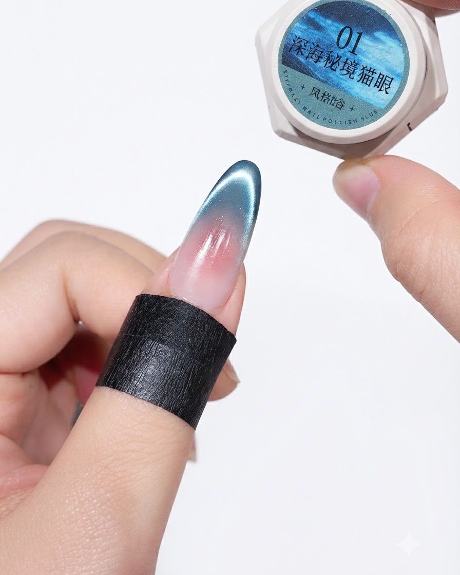 A jar of Deep Sea Secret No. 1 cat eye gel displayed next to a cured nail design.
