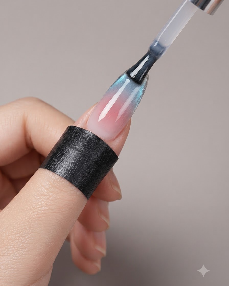 A nail brush applying a glossy clear top coat over a finished cat-eye French manicure.