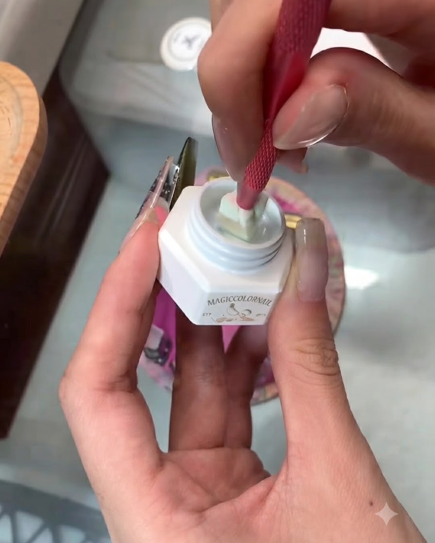 A manicure brush applying snow-white gel onto the tip of a false nail display.
