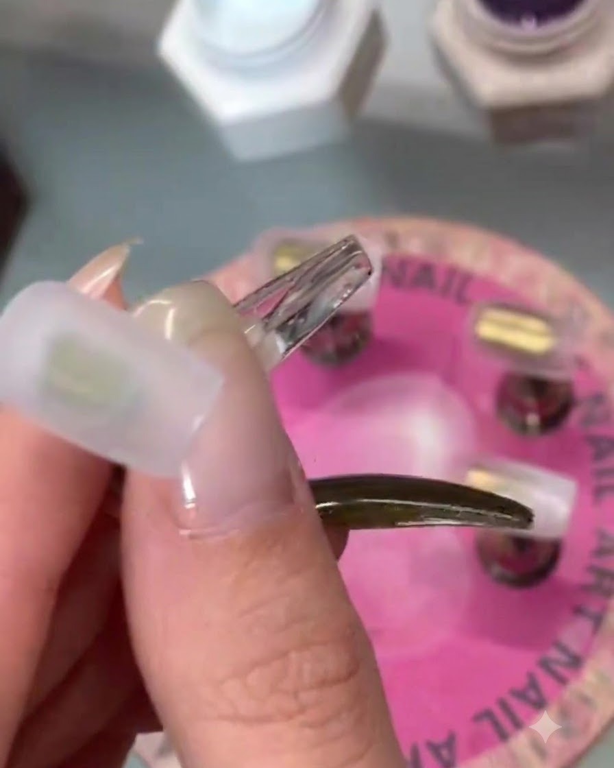 A close-up of a ring finger nail tip featuring a soft smudge of white, purple, and blue color blocks.
