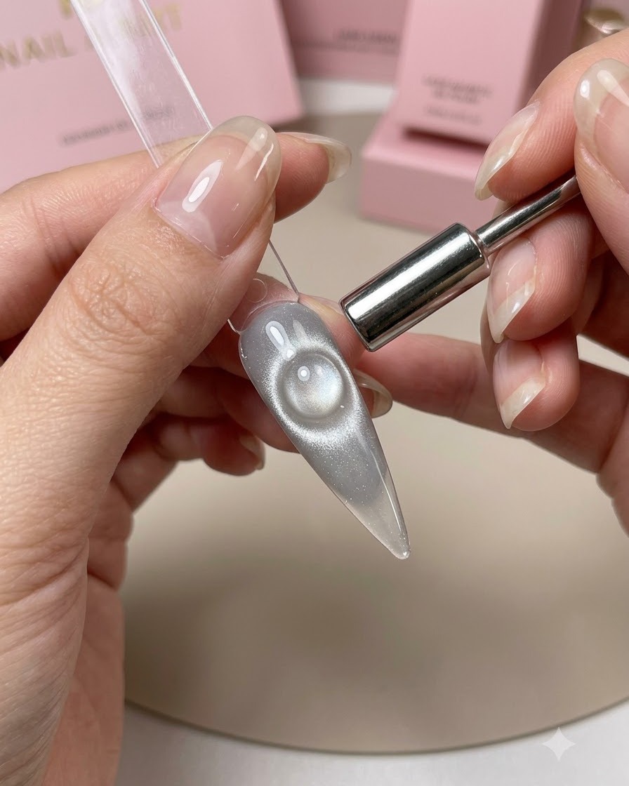 A small cylindrical magnet hovering over a gray cats eye nail tip, creating a glowing circular light reflection.