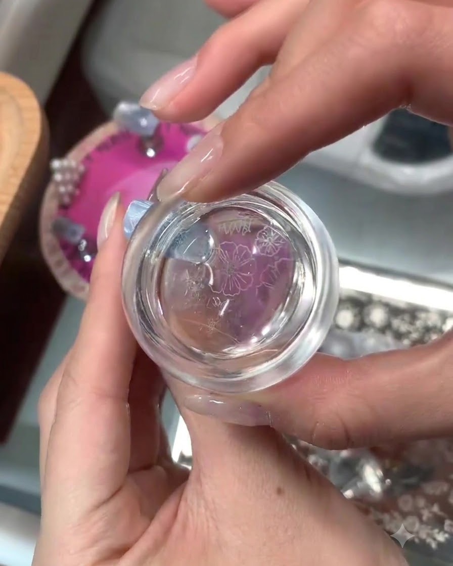 Looking down into a clear silicone stamper showing transferred white floral patterns ready for nail application.