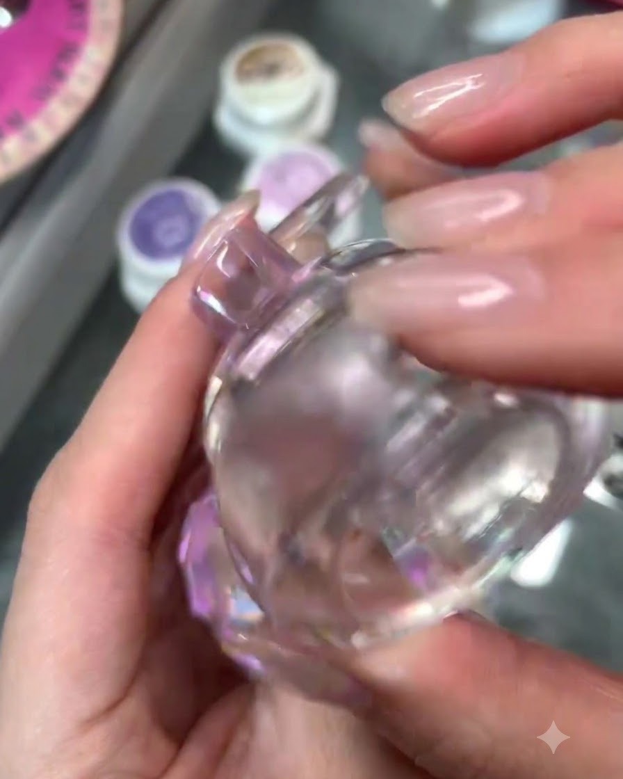 A close-up of a hand holding a clear jelly nail stamper tool, preparing to press a design onto a fingernail.
