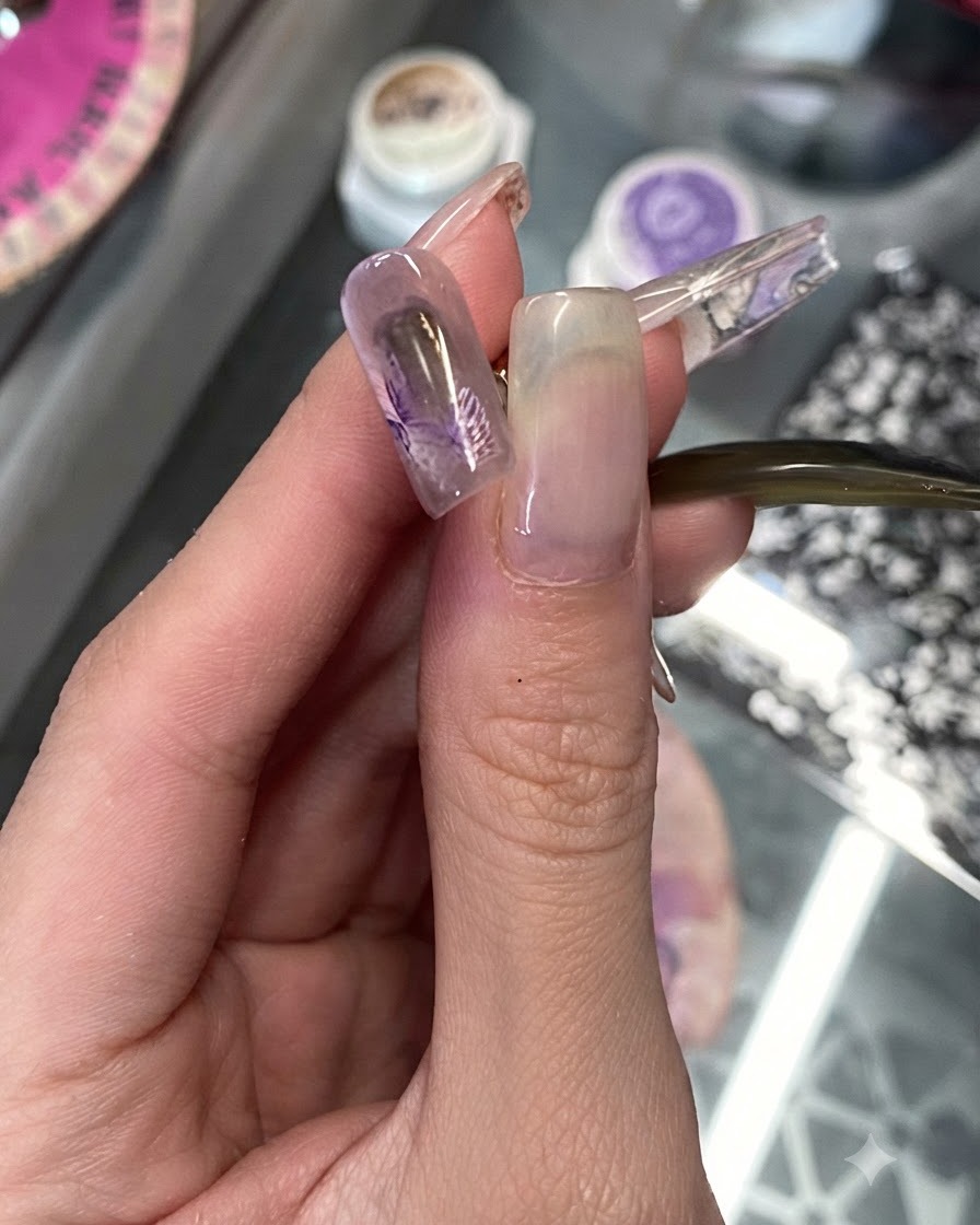 A fine brush using snow-white gel to trace delicate outlines around the petals of a floral nail art design.