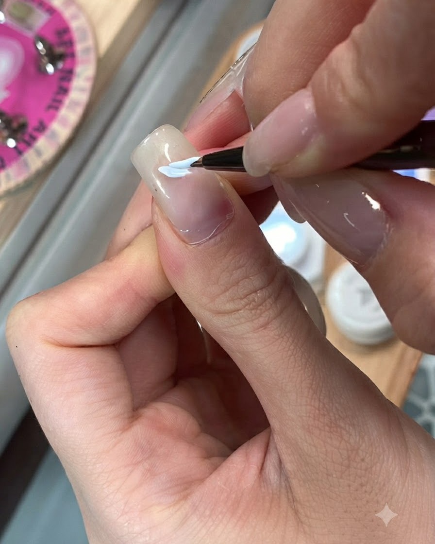 A brush coating a pink and purple cats eye gel layer over a nude gradient nail base.