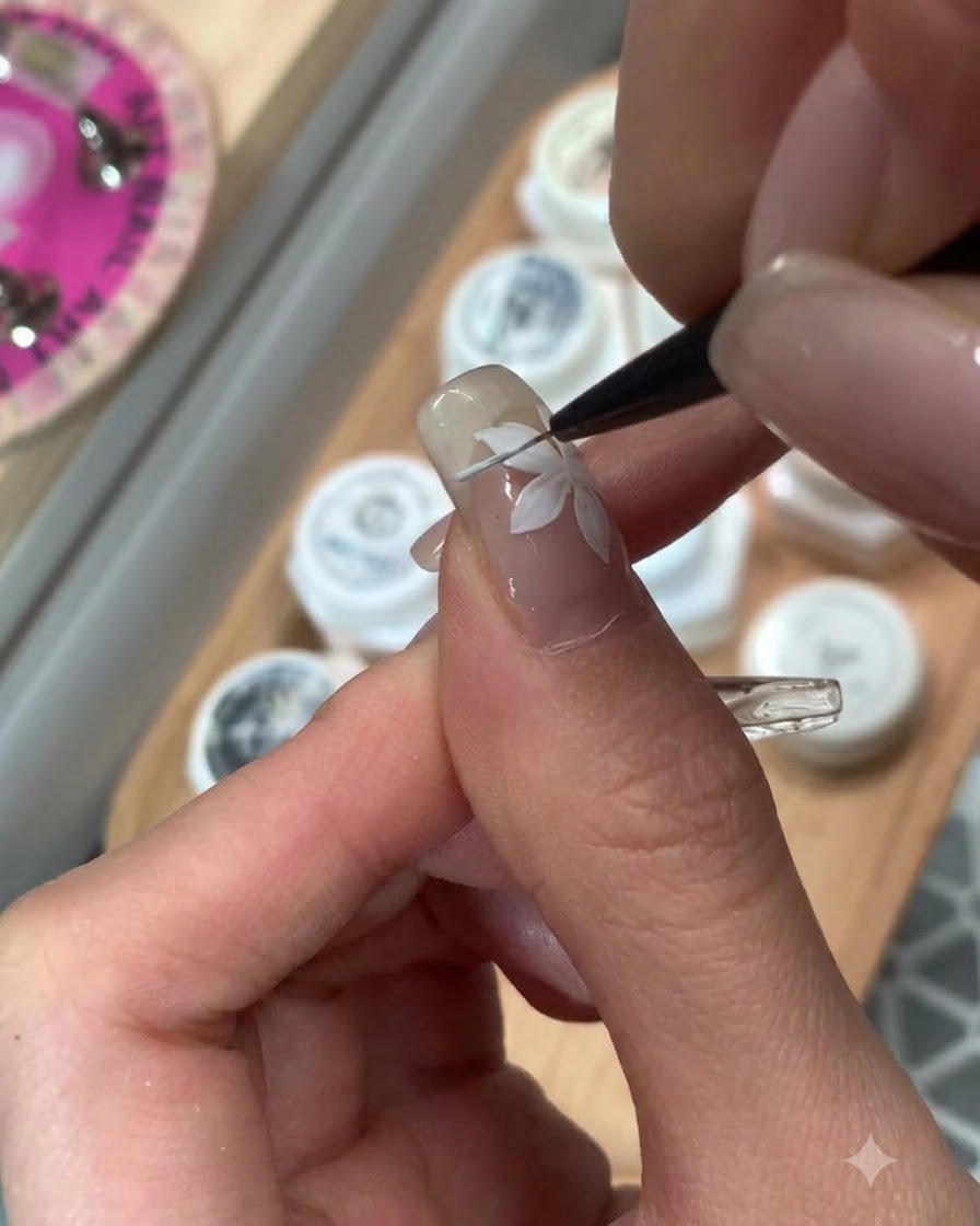 A nail brush applying emerald cocoa colored gel onto an index fingernail.