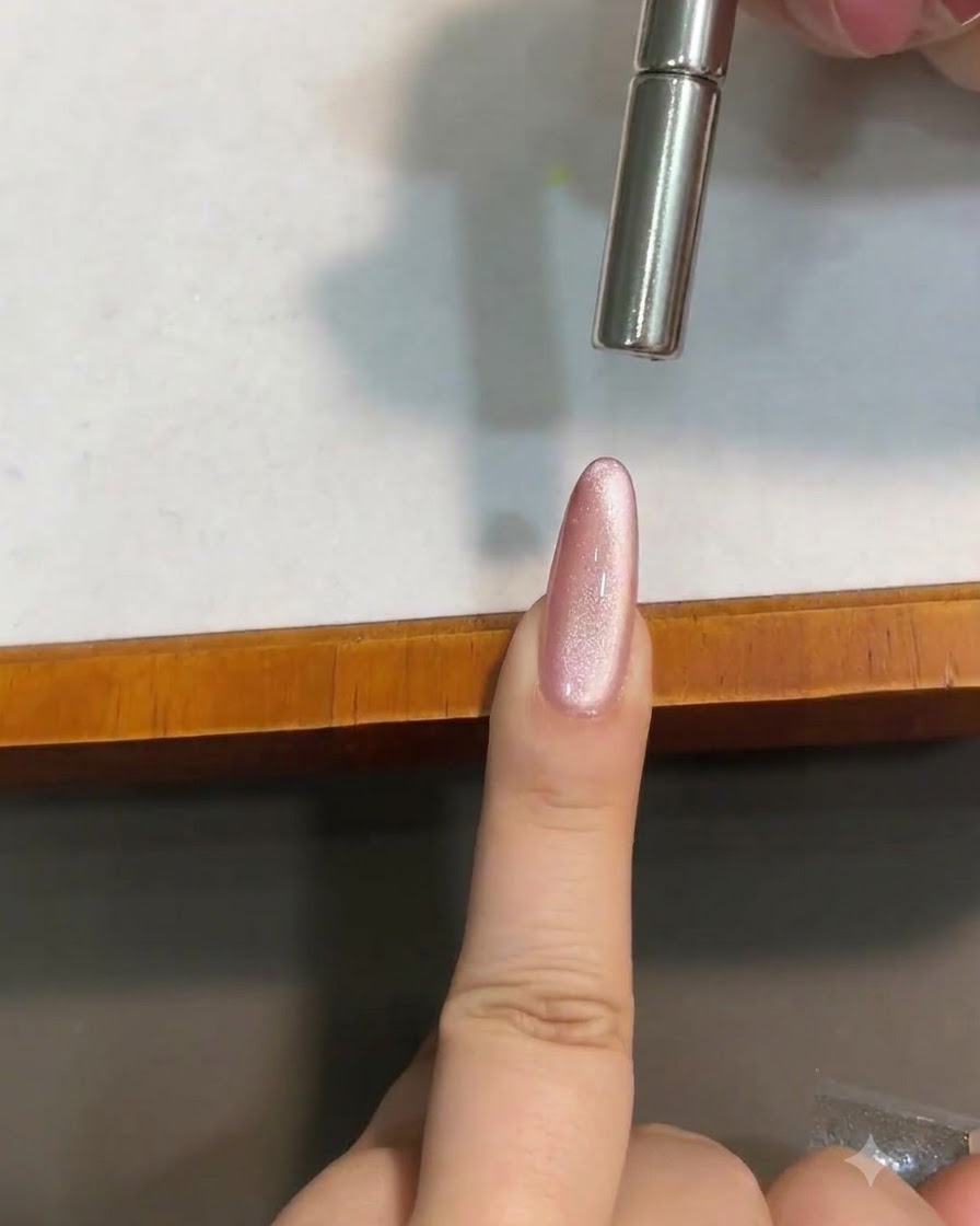 A cylindrical magnet held close above a glossy pink cat-eye gel nail to shape the light strip.