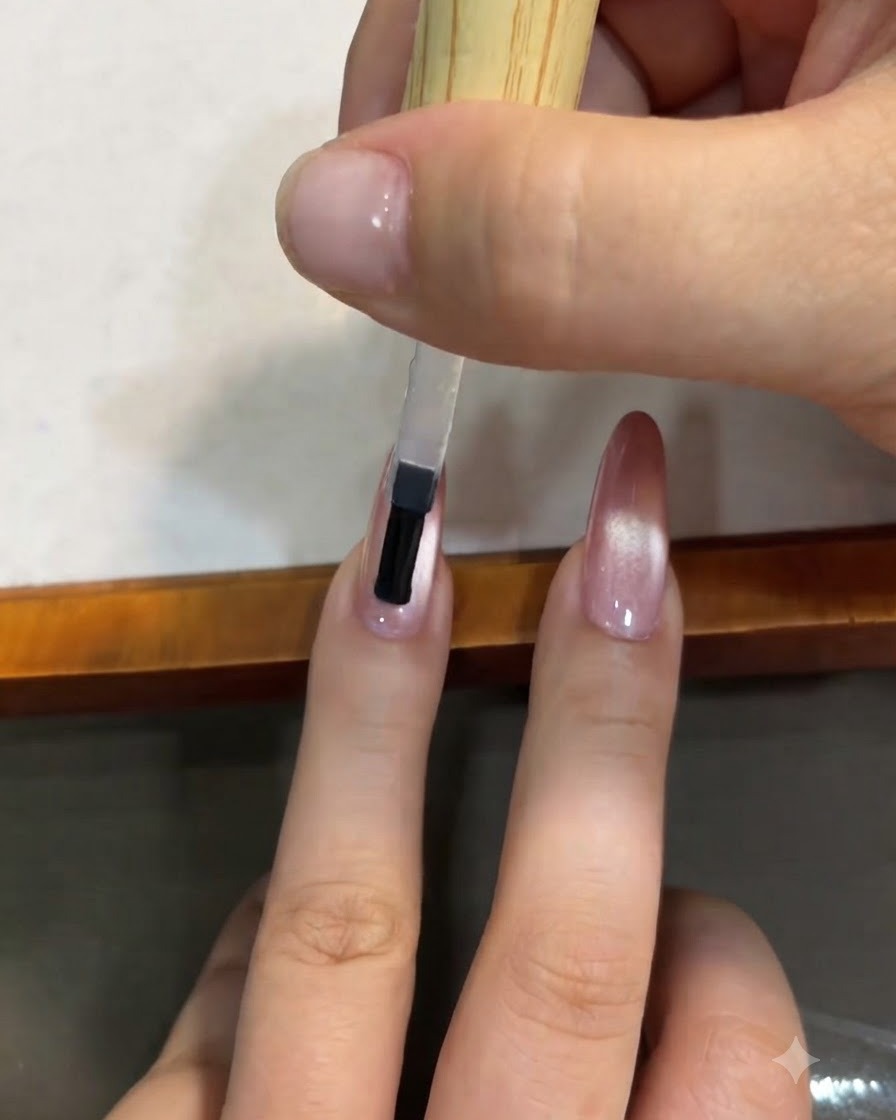 A brush applying a clear top coat over a pink gradient cat-eye manicured nail.