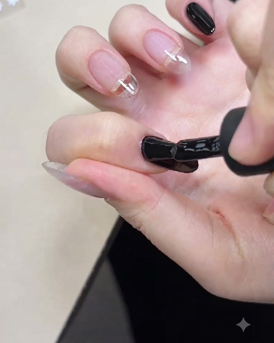 A nail brush applying black base coat gel onto a fingernail.