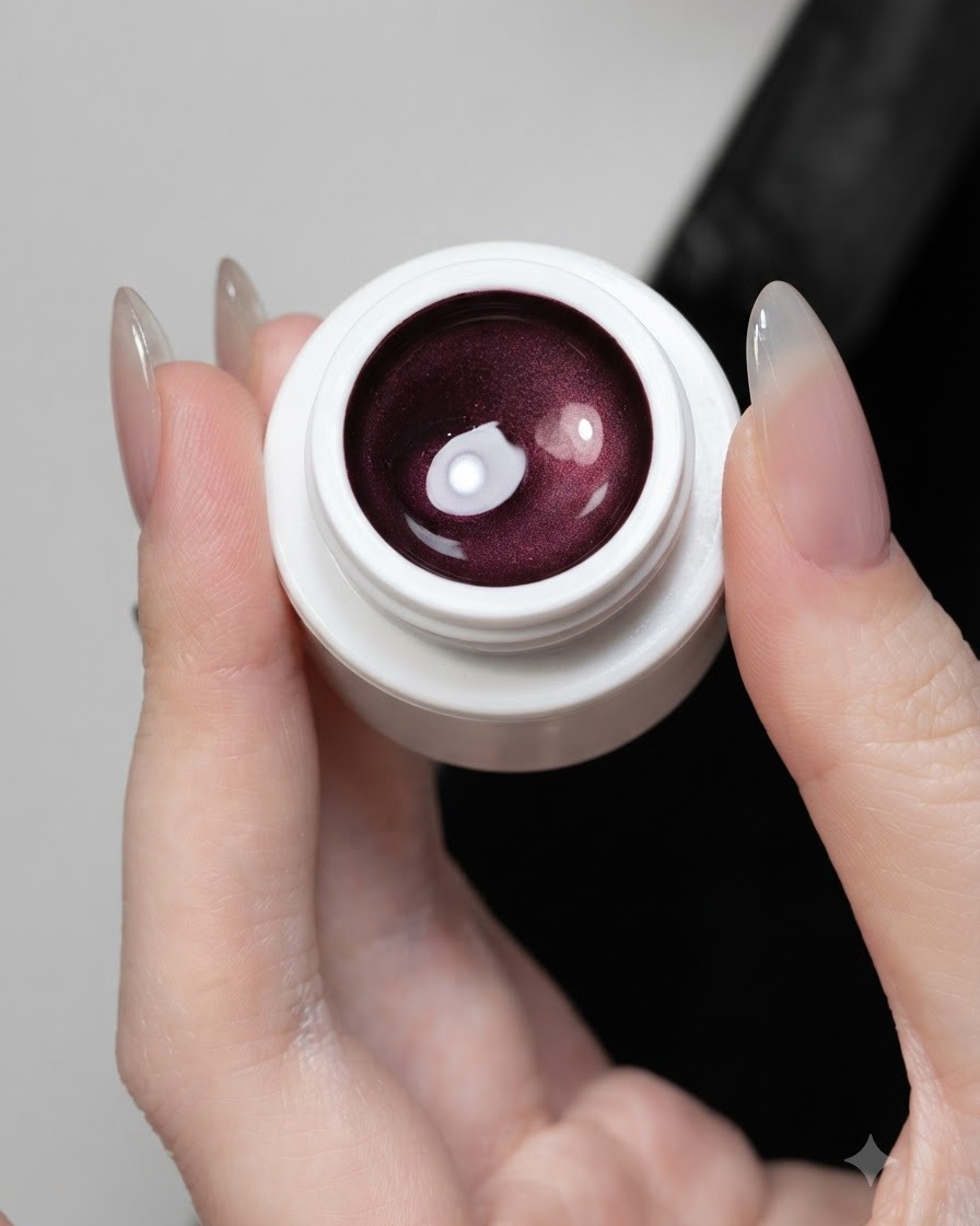 An open jar of purple cat eye gel showing its rich shimmer texture.