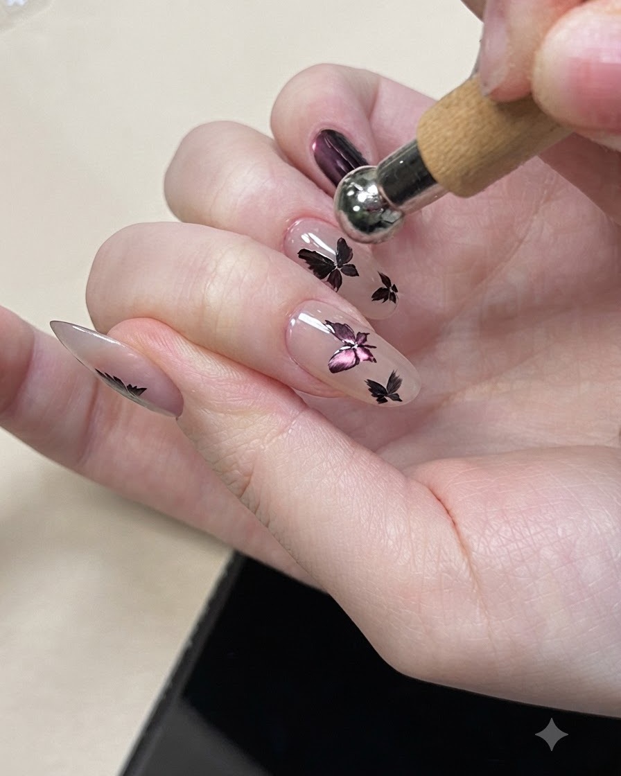 A brush applying a clear top coat over finished purple butterfly nail art, smoothing the surface.