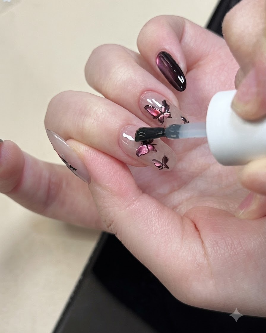 A thin liner brush pulling a strand of spider web gel to create fine decorative lines over a completed nail design.