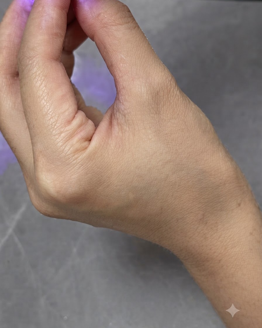 A small portable UV/LED curing lamp positioned over a fingernail to cure gel polish.