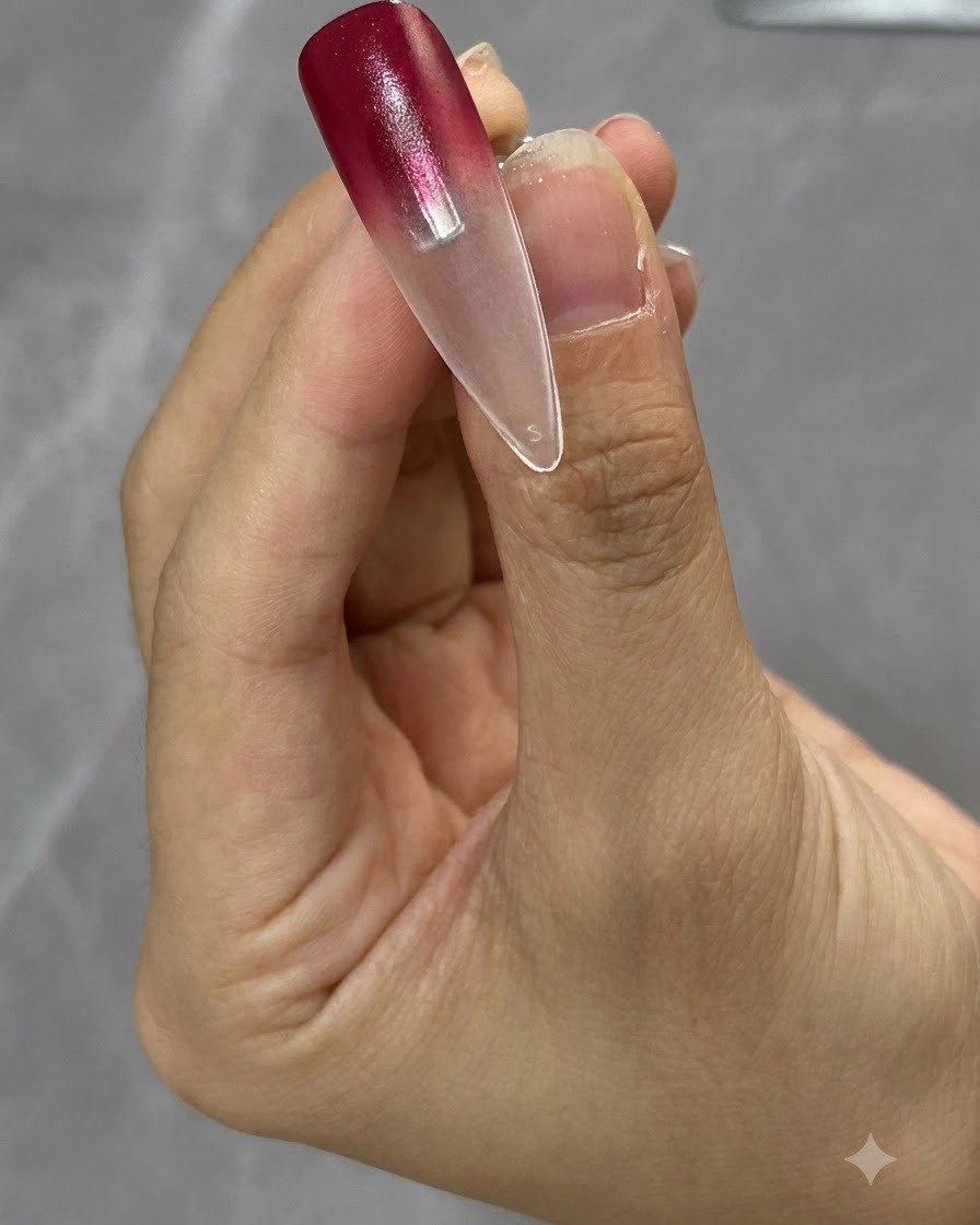A brush applying a layer of nude base color over the clear practice nail tip.