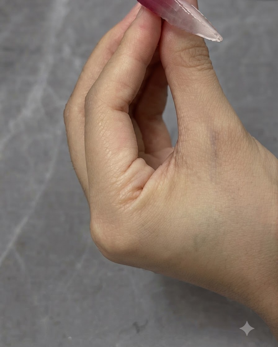 A clear practice nail tip positioned in front of a neutral background representing the curing stage.