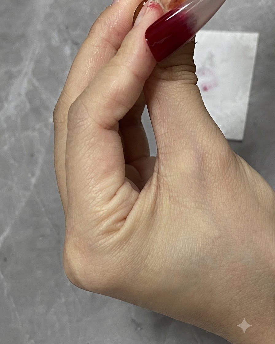 A brush refining the gradient blend on a wine red ombre nail tip.