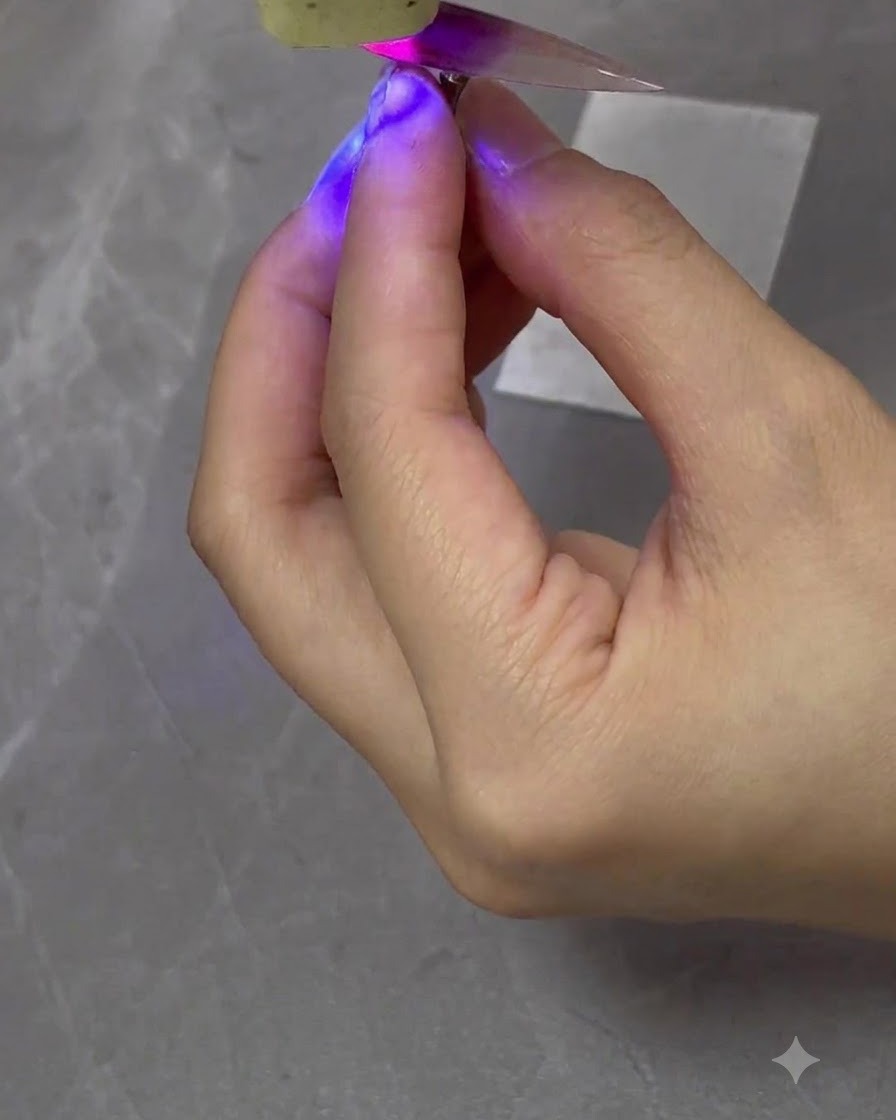 A mini purple-toned UV/LED lamp curing a gradient-painted nail tip held by hand.