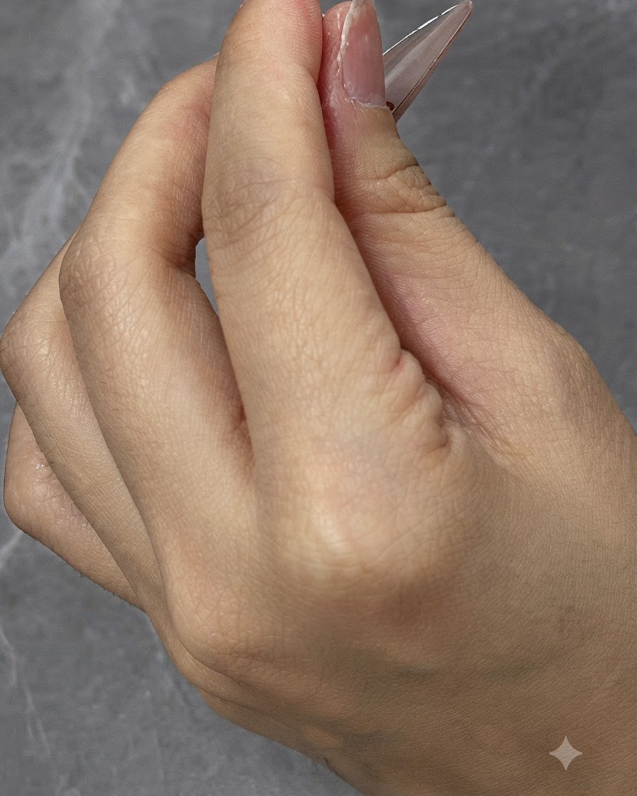 A close-up view of applying top coat to the underside edge of a finished nail extension.