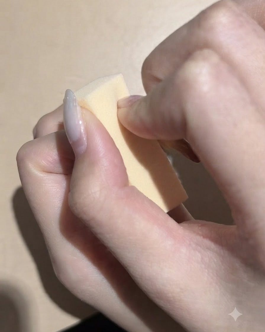 Holding a small makeup sponge while applying dark black pigment for a nail gradient.