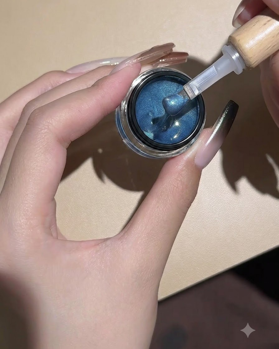 A brush applying blue cat-eye gel onto a nail from a jar.