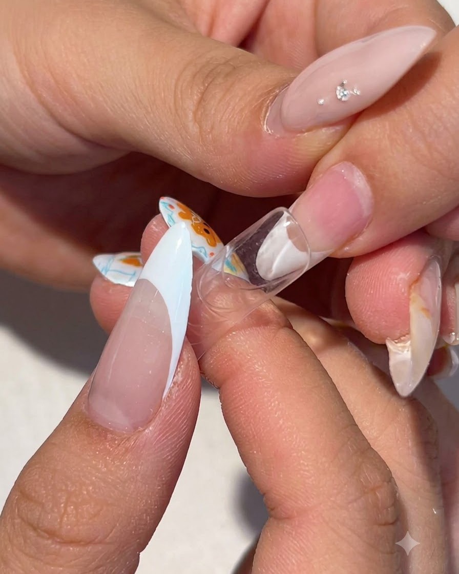 A clear nail form held underneath a fingernail to correct its downward growth angle.