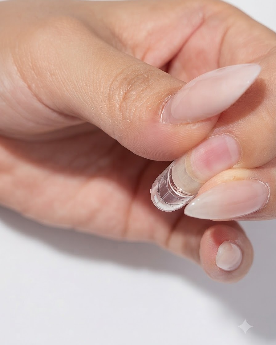 A fingernail with a clear nail form placed underneath being cured under a mini UV/LED lamp.