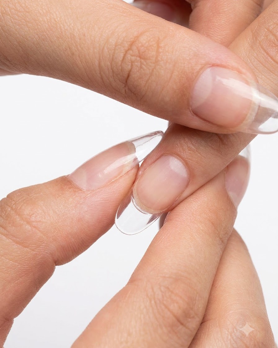 A hand removing a clear nail form from a freshly cured and extended fingernail.