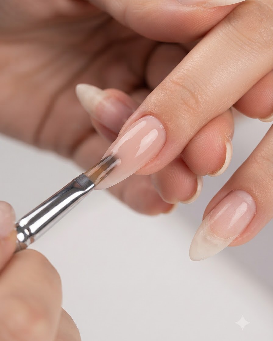 A detailed view of a brush smoothing and leveling colored builder gel across a fingernail.