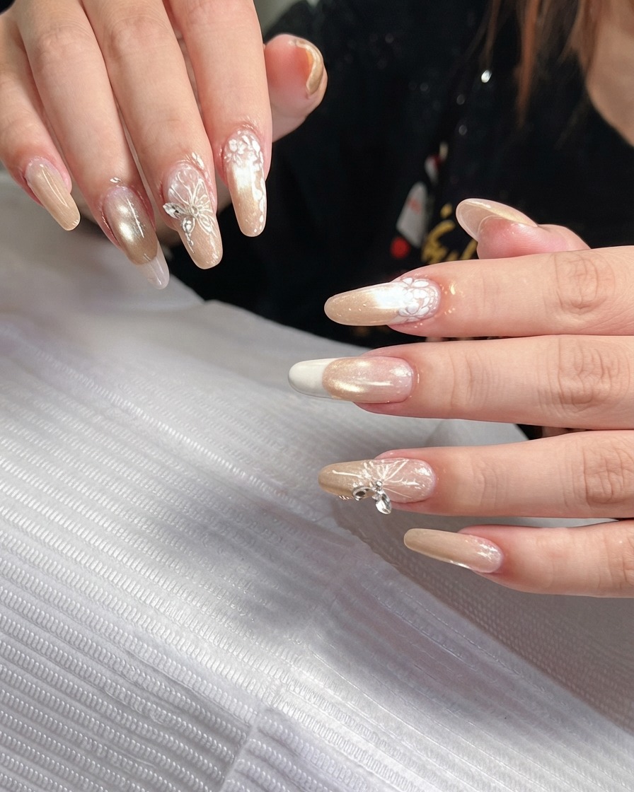A close-up angle of the right hand fingers highlighting the sheer nude gradient and smooth French fade.