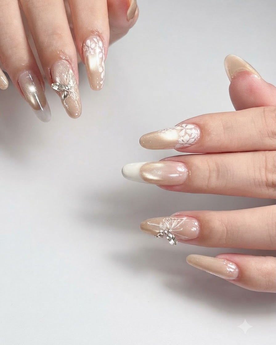 Fingers shifting slightly to reveal a high-gloss top coat reflecting light across the entire set of nails.