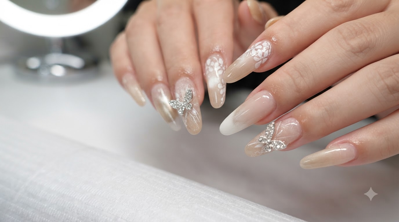 Nude Moonlight Ombre Nails with Floral Lace and Silver Butterflies — Step-by-Step Tutorial
