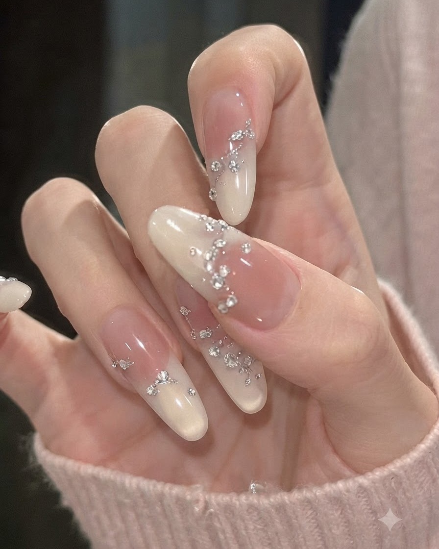 A detailed macro view focusing on index and middle fingers featuring clustered rhinestone embellishments on a peach-to-milky gradient.