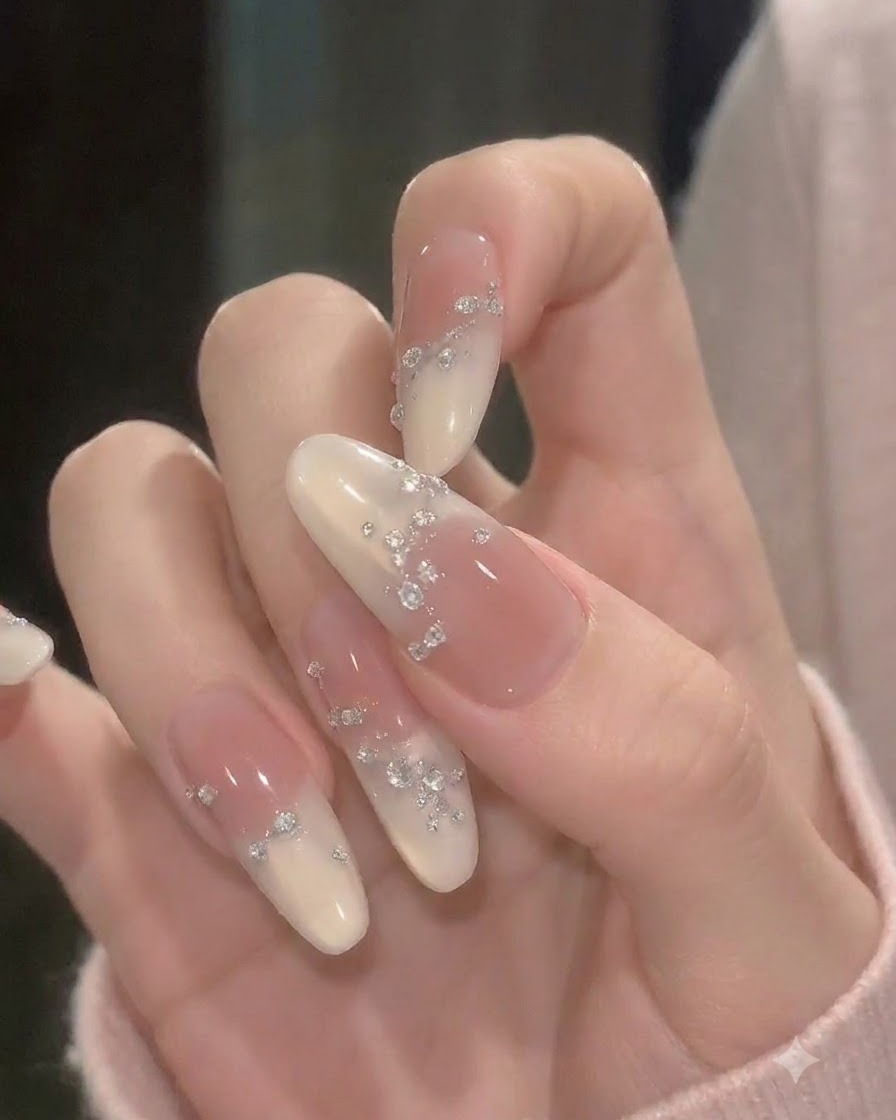 An isolated view of the thumb showing a soft peach-to-milky gradient and minimal silver foil flakes near the cuticle line.