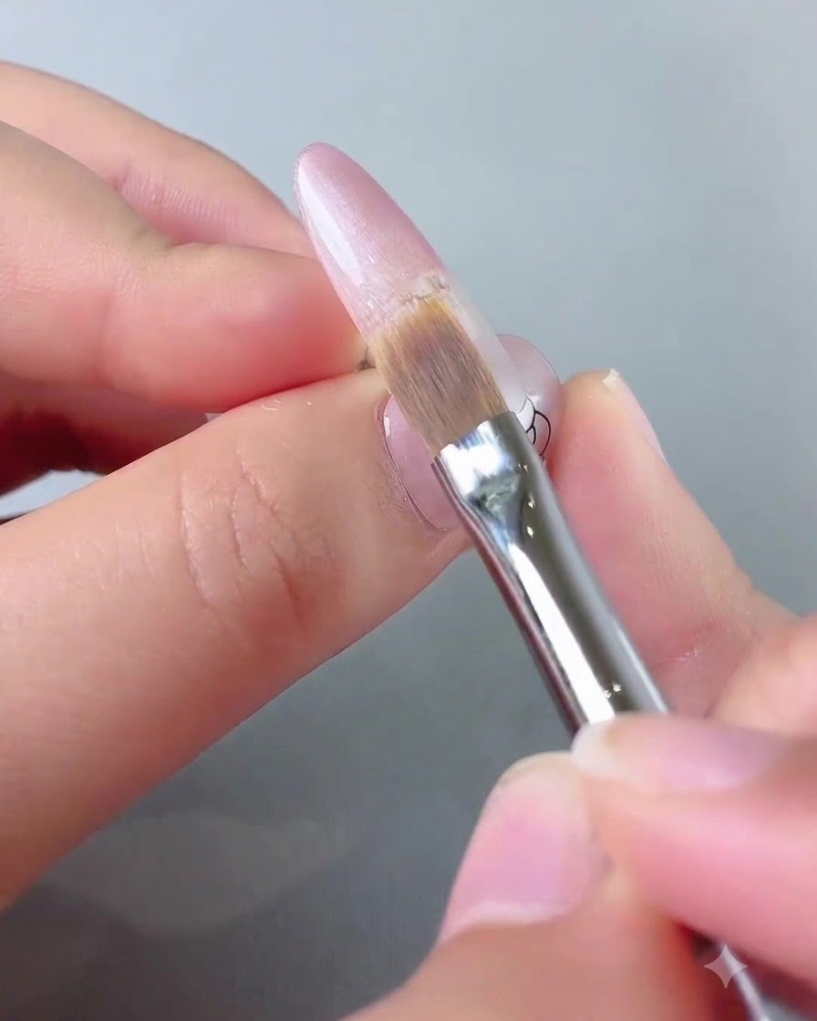A swiping brush pulling the gel color downwards to form a smooth gradient.