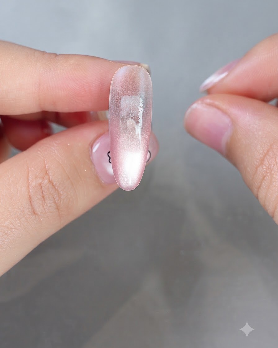 Rain and clear sky No. 6 gel shade applied to the back edge of the nail.