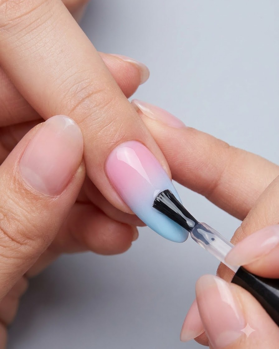 A brush adding an additional touch of white self-leveling gel onto the nail to build multi-layered cloud art.
